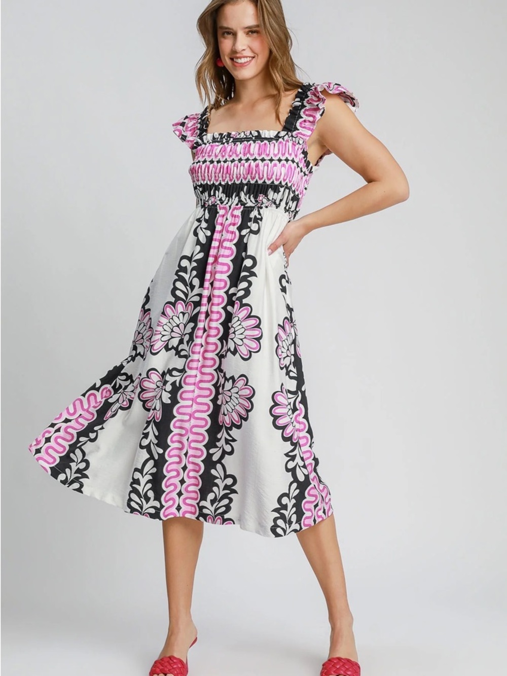 Umgee Smocked Square-Neck Midi Dress in Pink and Black Size Small NWTS